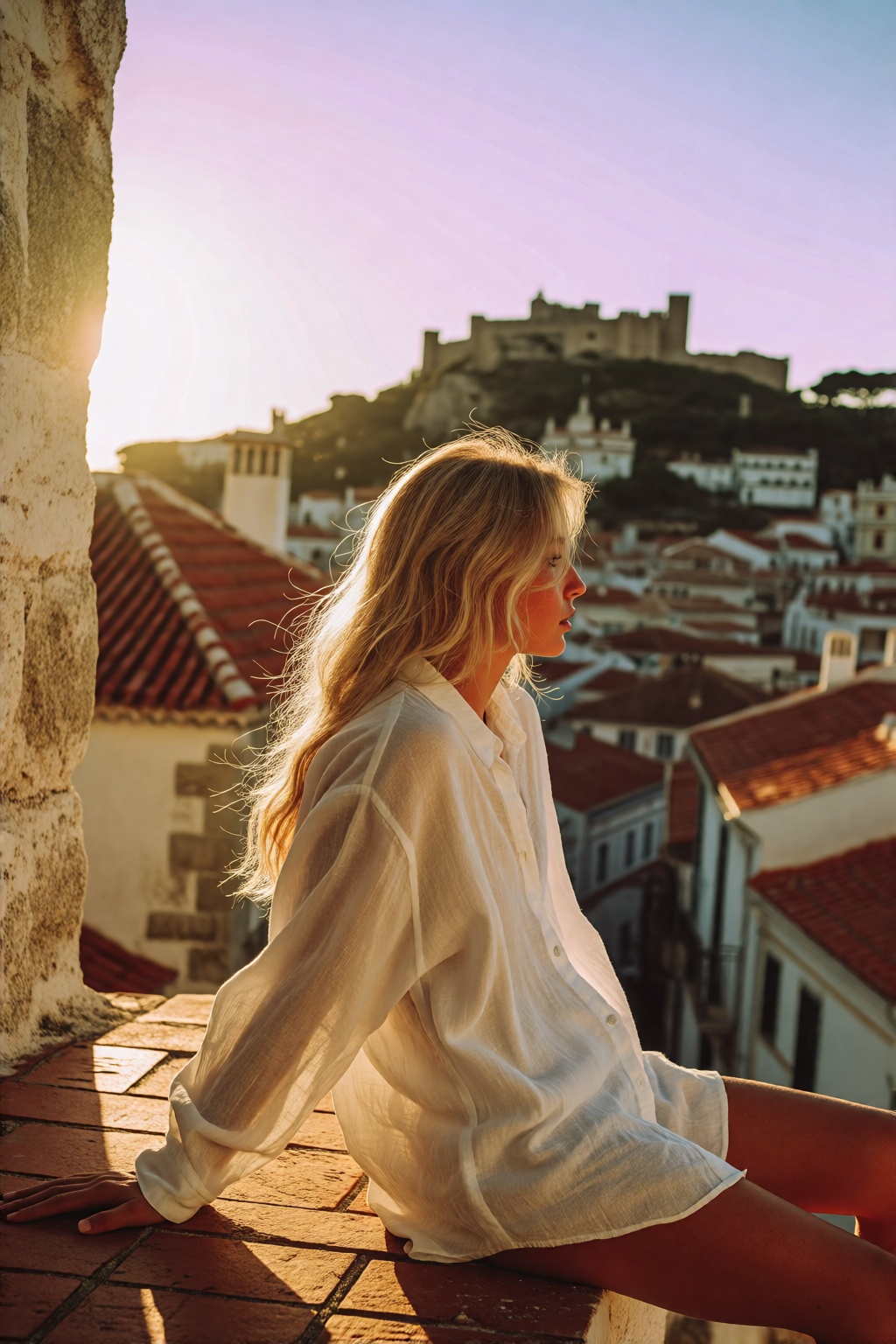 midjourneyanalog19k2e10. A professional photograph of a woman with long blonde hair in an oversized white linen shirt sitt...