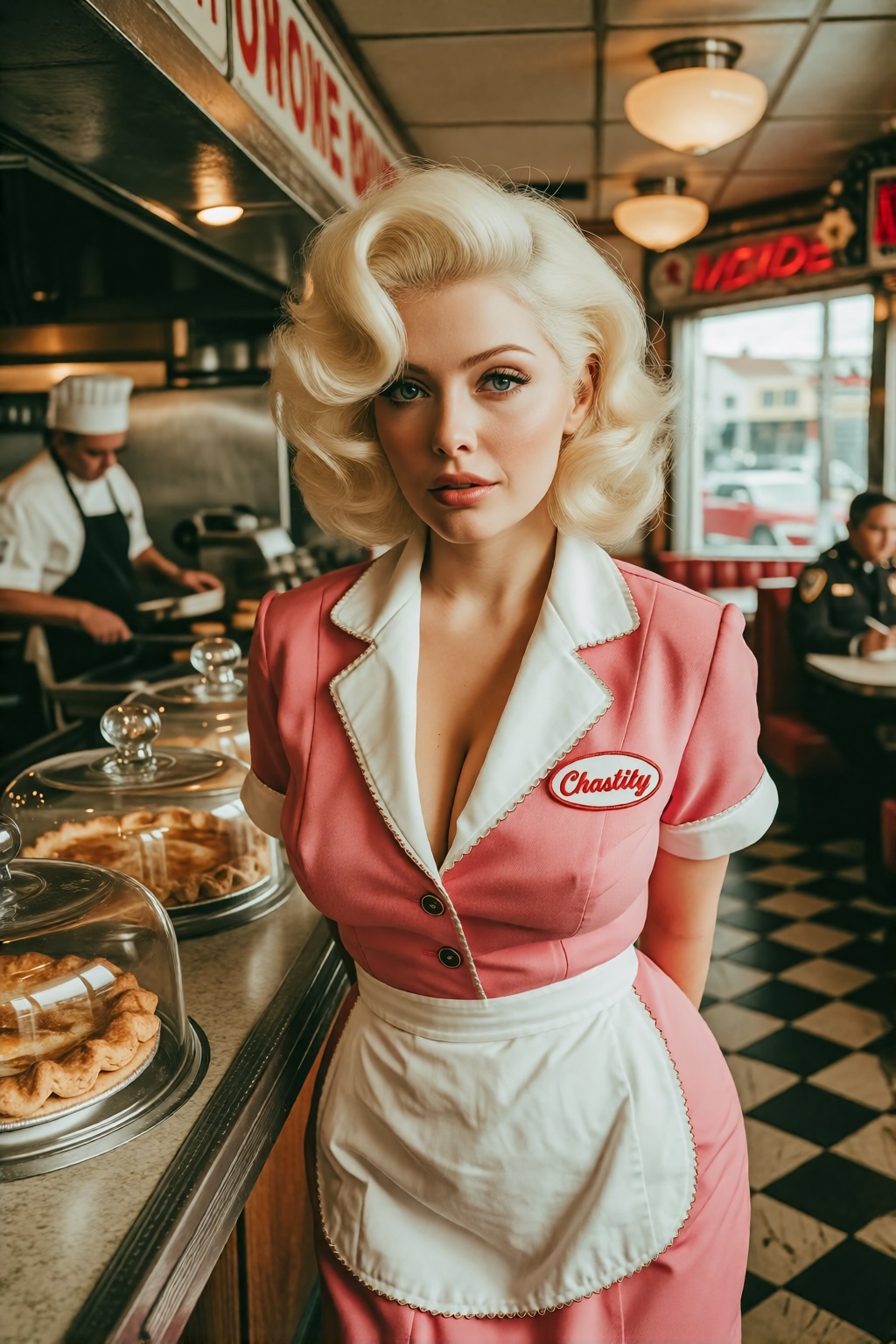 midjourneyanalog19k2e10. A waitress named Chastity,  with her name embroidered on a tag beside her large breasts,  standin...