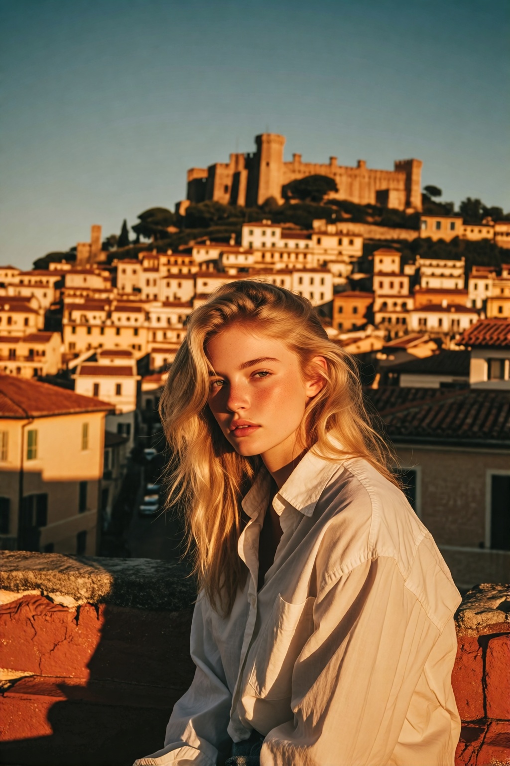 midjourneyanalog19k2e10. Young blonde woman shown in 3/4 profile,  sitting on a terracotta-tiled rooftop at sunset. She ha...