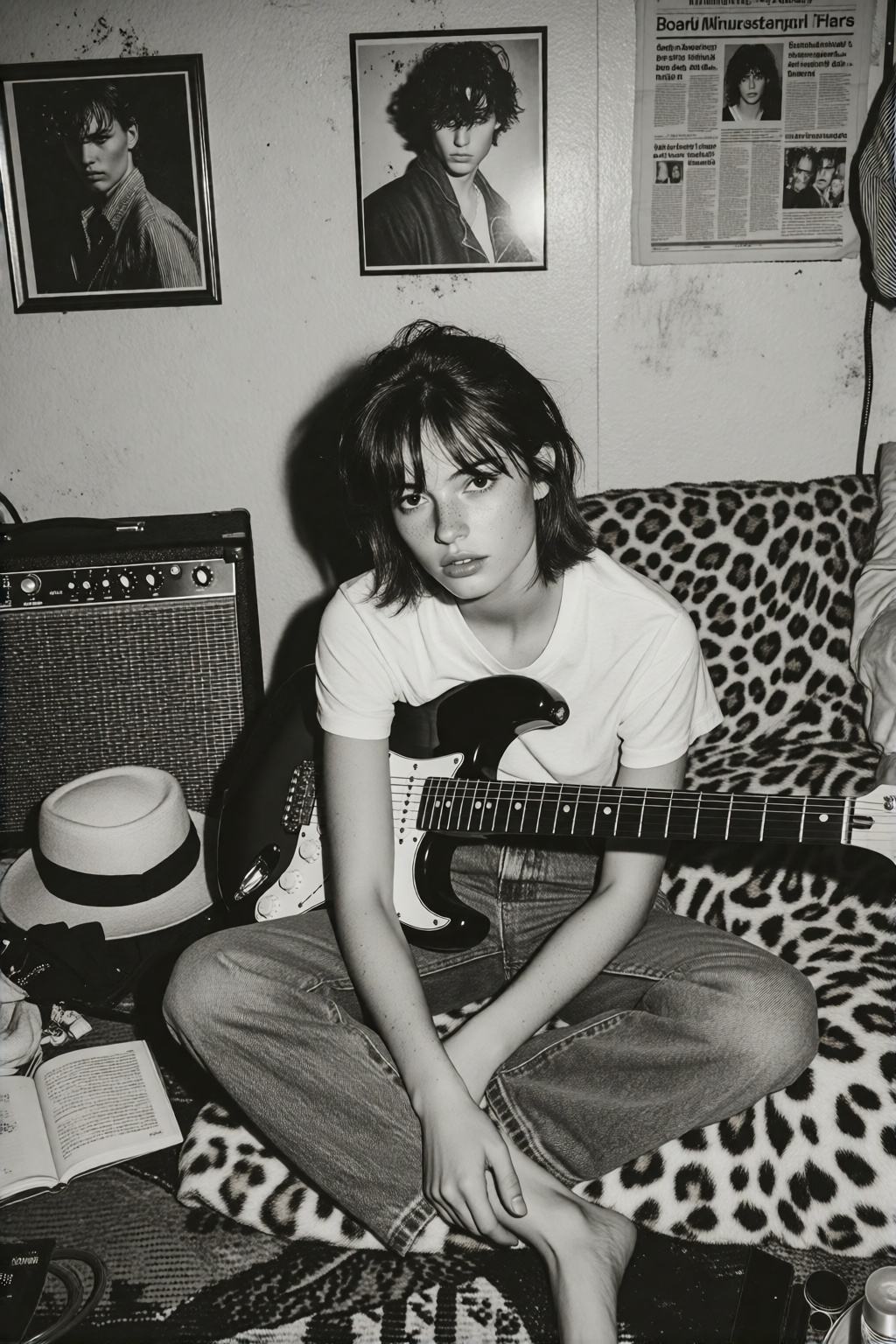 midjourneyanalog19k2e10. A candid,  high-contrast black and white photograph of a young female musician with short,  dishe...