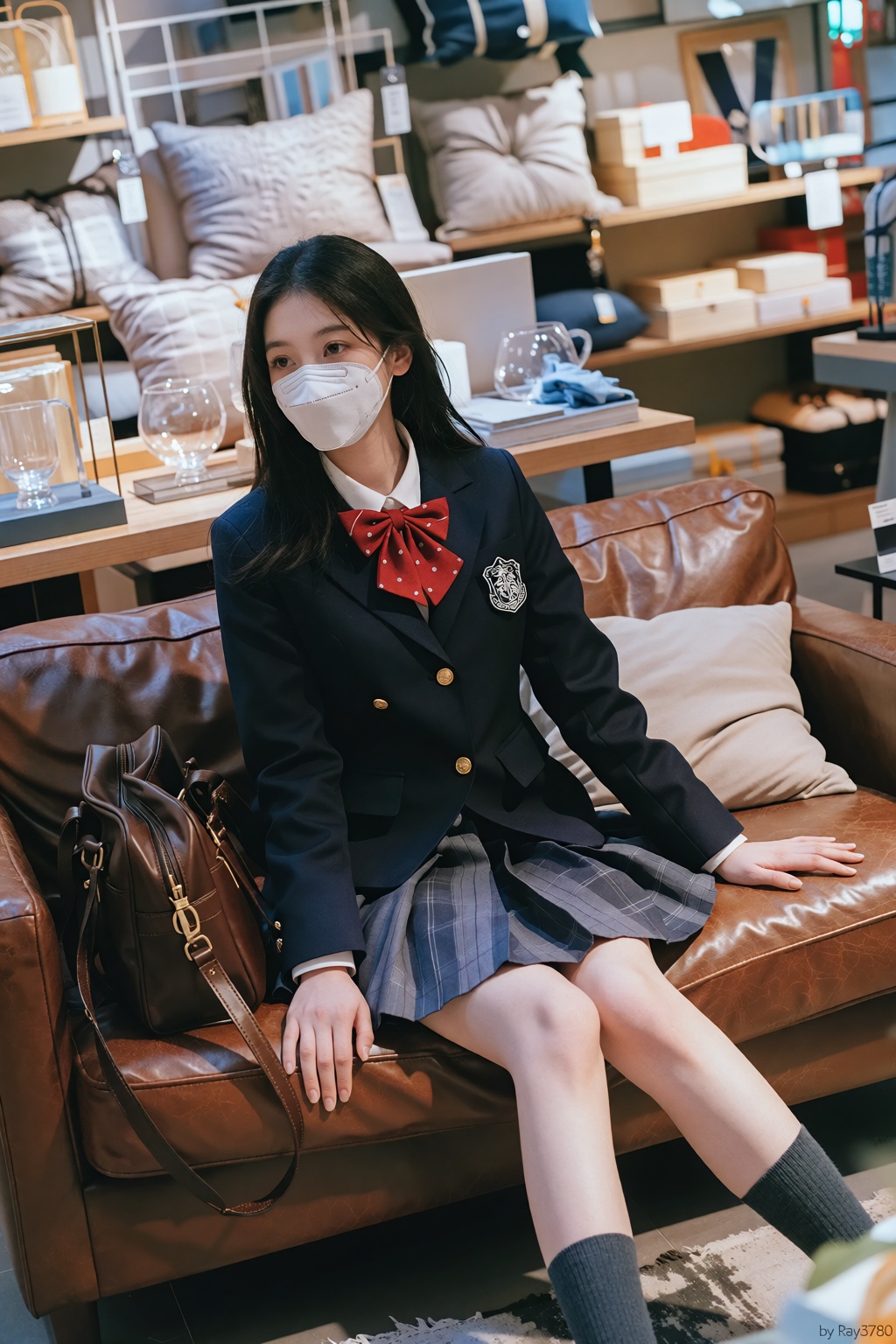 一位年轻女性坐在棕色皮革双人沙发上,  面向画面左前方,  身体微侧 on Tensor.Art
