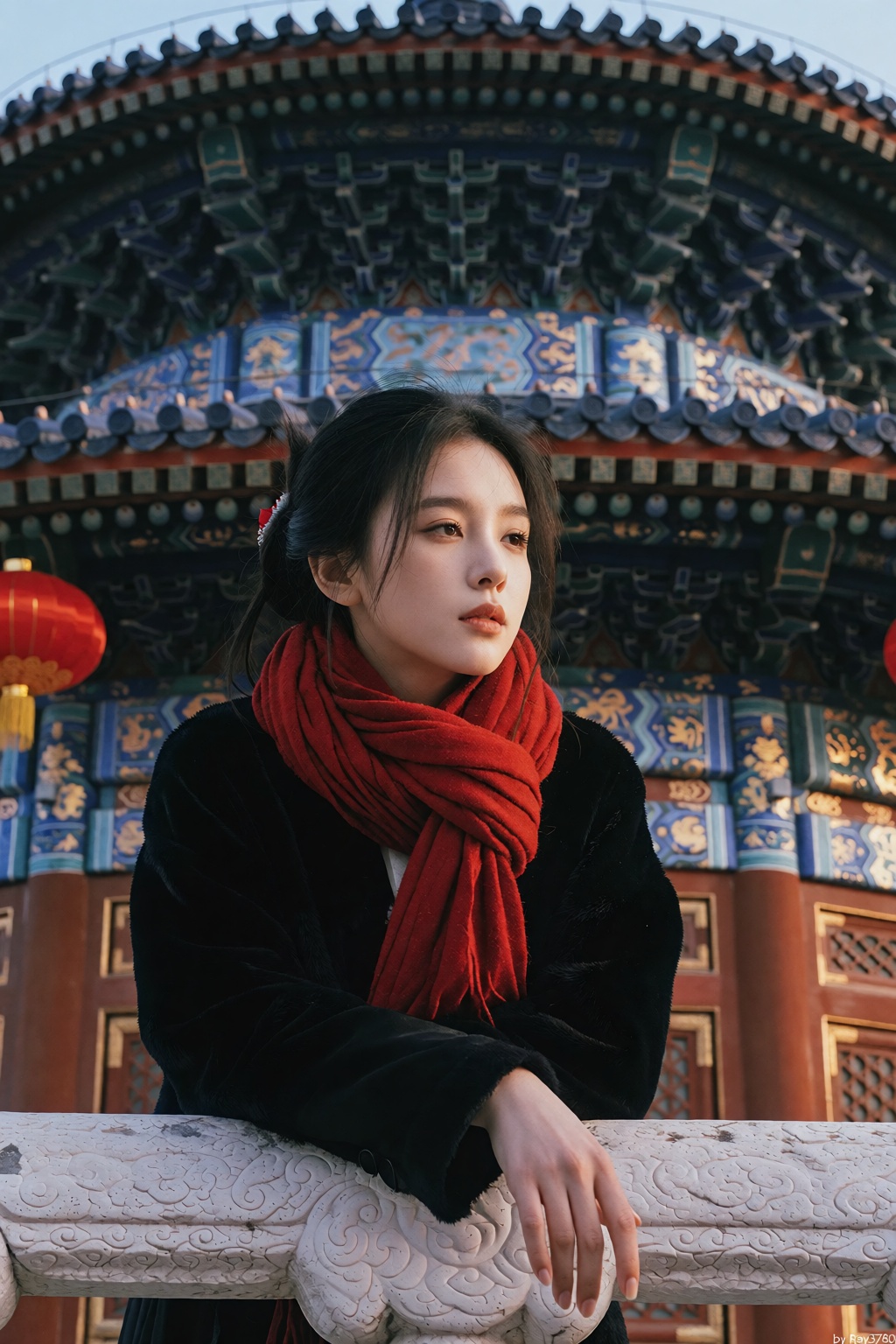 一位年轻东亚女性,  黑发中分后挽起,  几缕碎发垂于额前与耳侧 on Tensor.Art