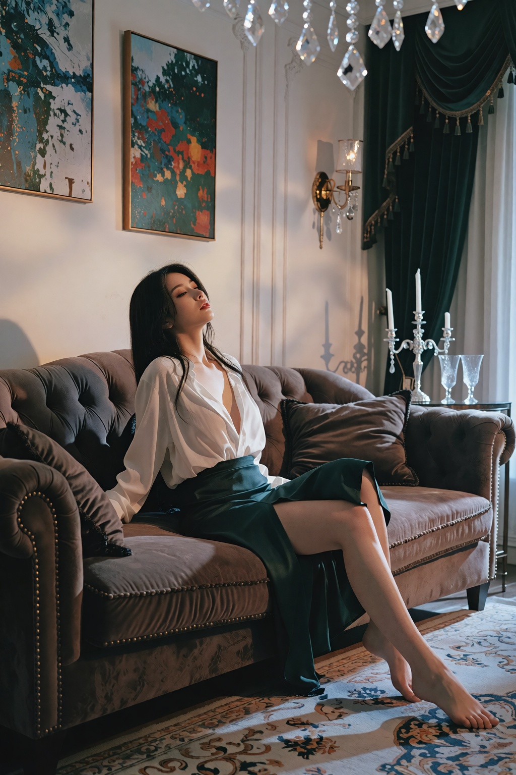 一位东亚女性斜倚在深棕色绒面沙发右侧,  身体微向左倾,  头部轻抬望向画面左上方 on Tensor.Art