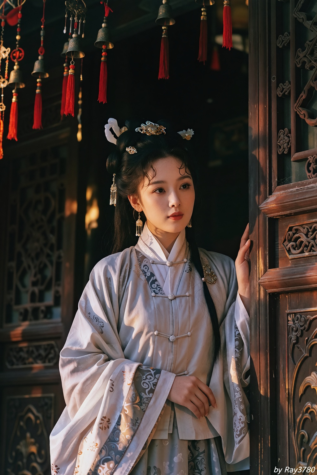 90年代清宫戏,  一名东亚女性并肩立于雕花木门前,  女子梳高髻 on Tensor.Art