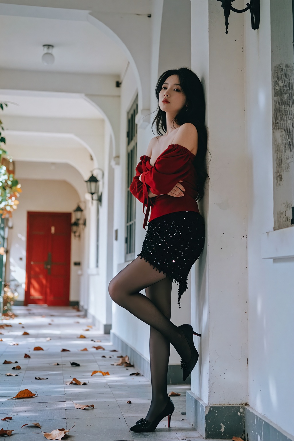 一位东亚女性倚靠在白色拱廊柱旁,  黑色长发自然垂落肩头,  发尾微卷 on Tensor.Art
