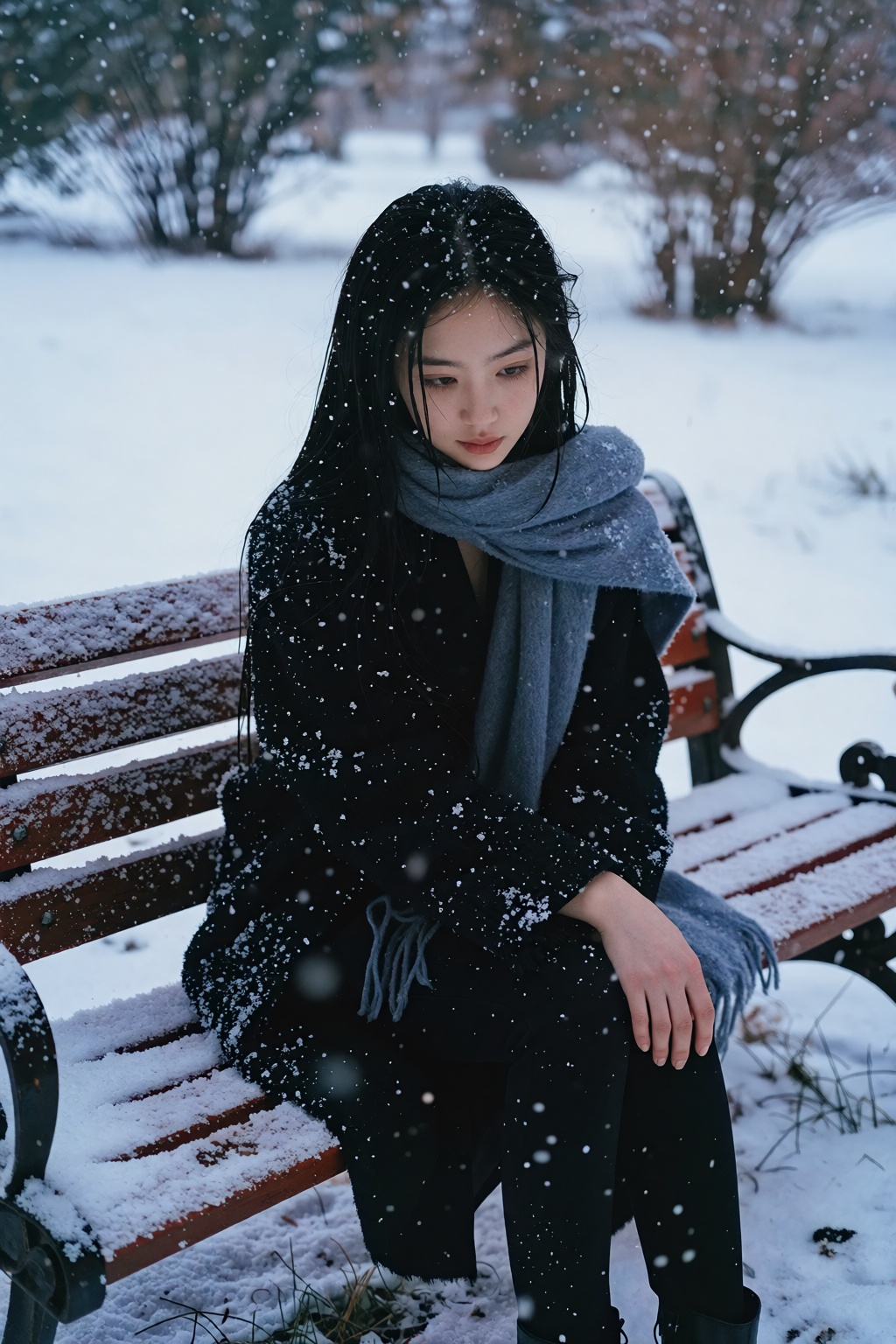 一位东亚女性坐在覆雪的木质长椅上,  长椅为红棕色木板与黑色铸铁支架结构,  表面积有薄层白雪 on Tensor.Art