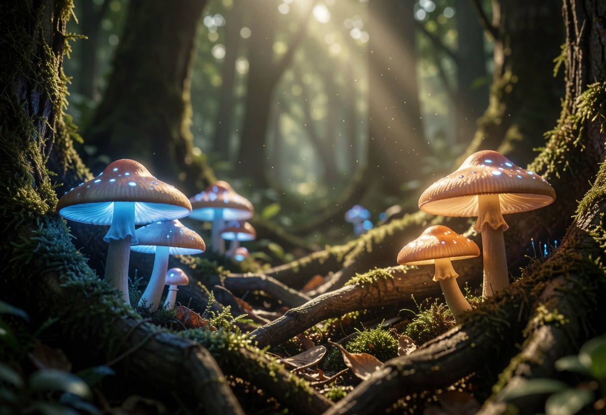 Macro photography of an ancient,  enchanted forest floor. Glowing bioluminescent mushrooms cast a soft blue and gold radia...