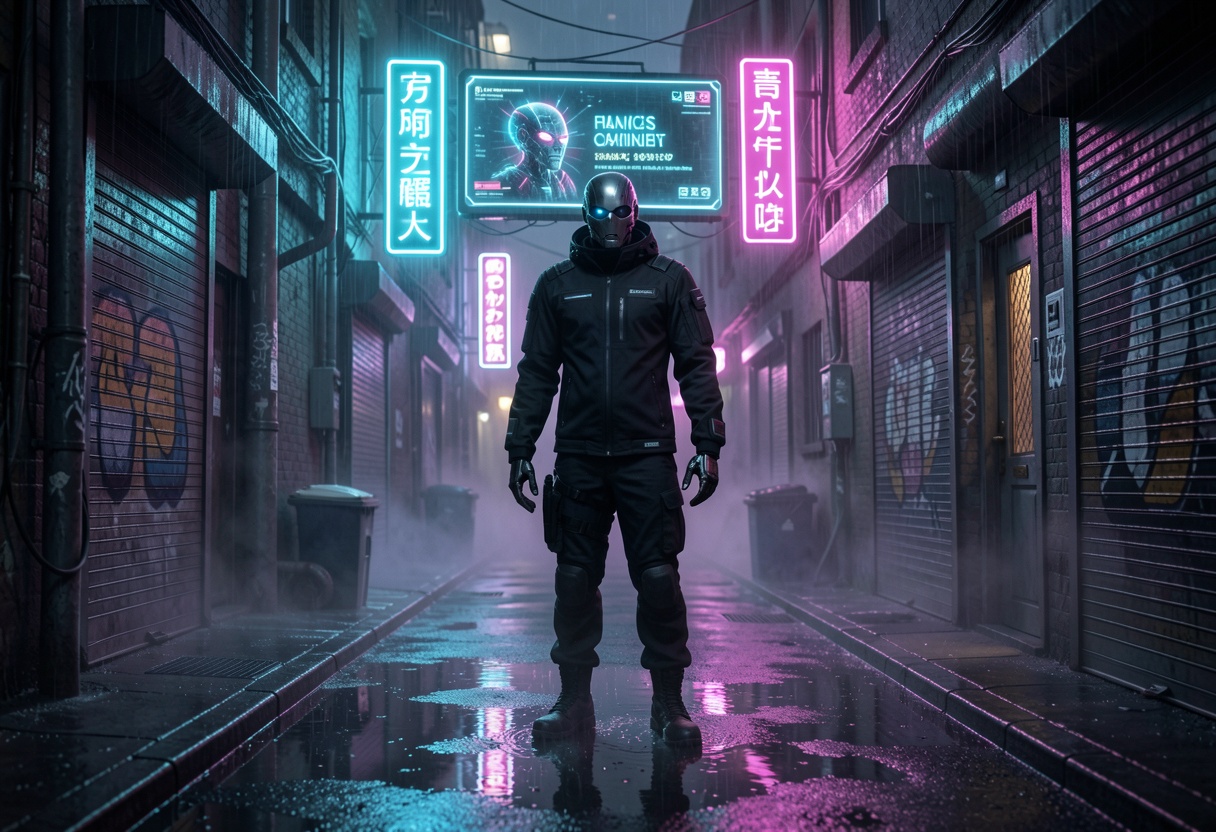 A raw,  gritty cyberpunk alleyway at midnight after a heavy rainfall. Neon signs in vivid cyan and magenta reflect perfect...