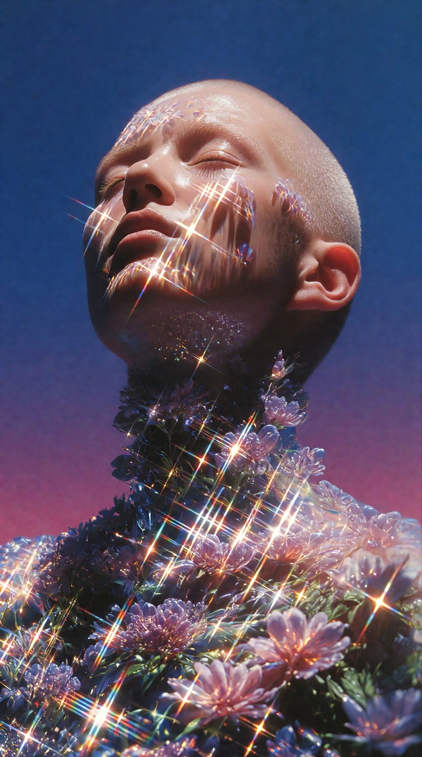 A bald figure with closed eyes tilts their head upward against a gradient sky shifting from deep blue at the top to magent...