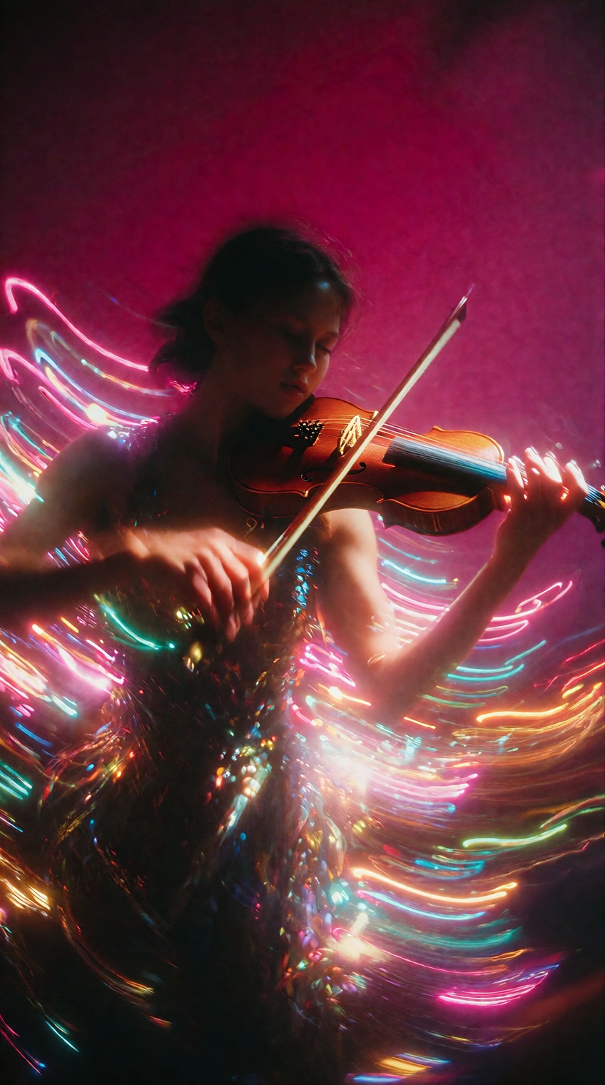 A silhouetted violinist performs dynamically against a saturated,  deep magenta backdrop,  captured with a long exposure t...