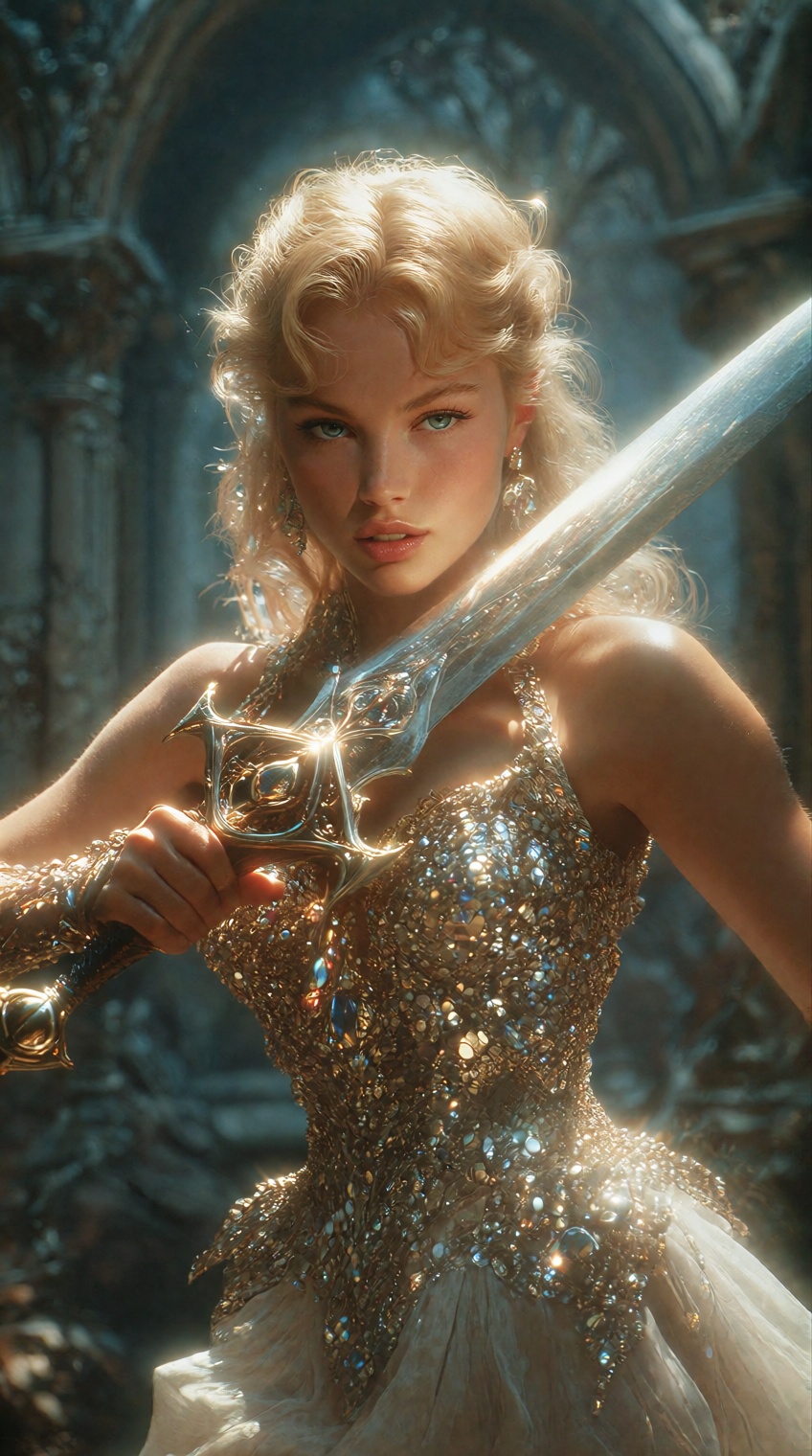 A cinematic,  medium portrait shot of a fierce,  alluring young blonde woman with intense blue eyes on Tensor.Art