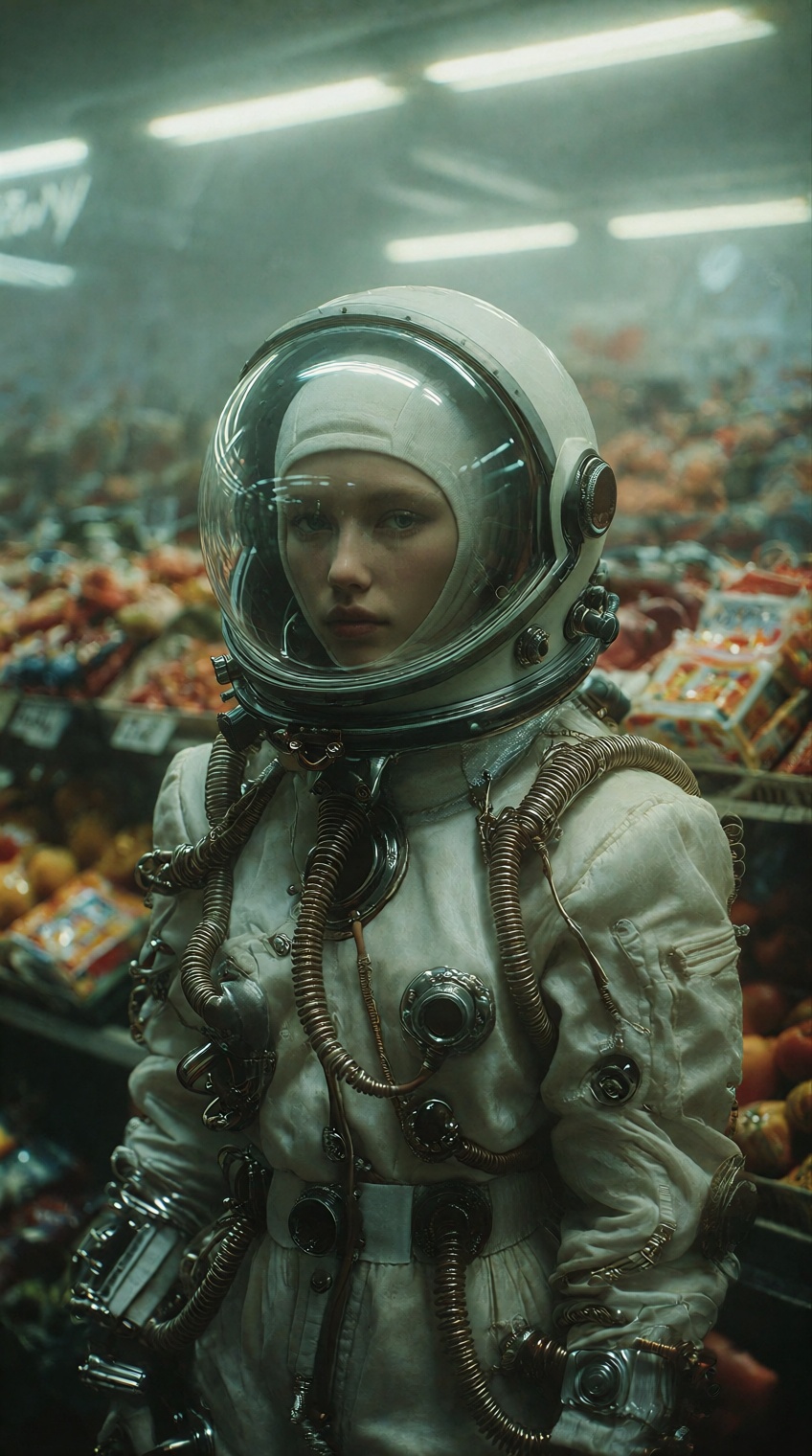 A hyper-realistic cinematic photograph of a mysterious figure wearing a highly-detailed retro-futuristic white spacesuit,...
