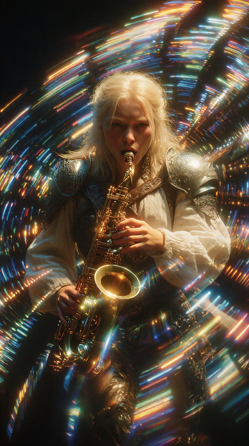 A dynamic shot of a fierce medieval warrior young woman,  with fair skin and blonde long hair,  wearing a sleek on Tensor.Art