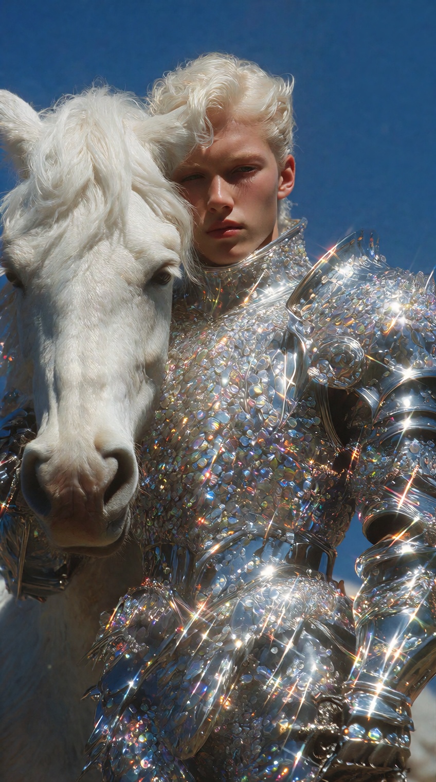 A medium shot of an ethereal knight and his white steed under a bright sun. The knight's armor is a masterpiece of craftsm...