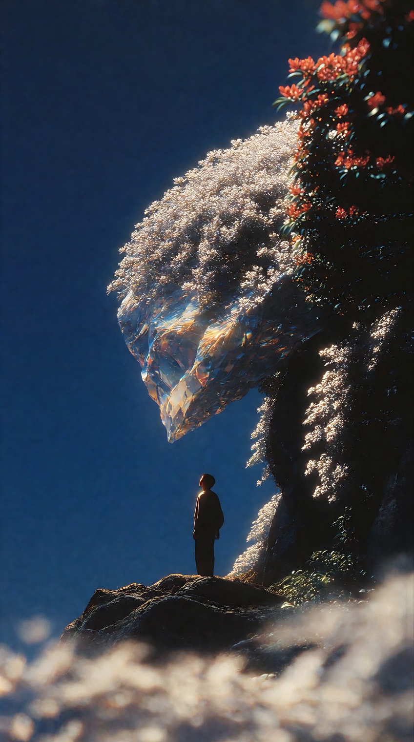 A solitary figure in dark,  loose clothing stands silhouetted on a rugged,  shadowed rock outcrop on Tensor.Art
