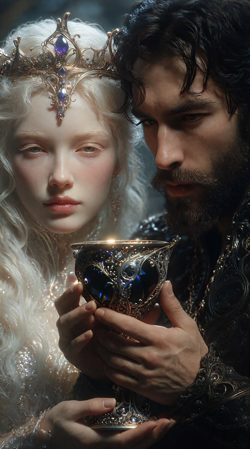 A close-up portrait of a mystical pair in a solemn ritual. On the left,  an ethereal goddess with cascading,  ultra-fine p...