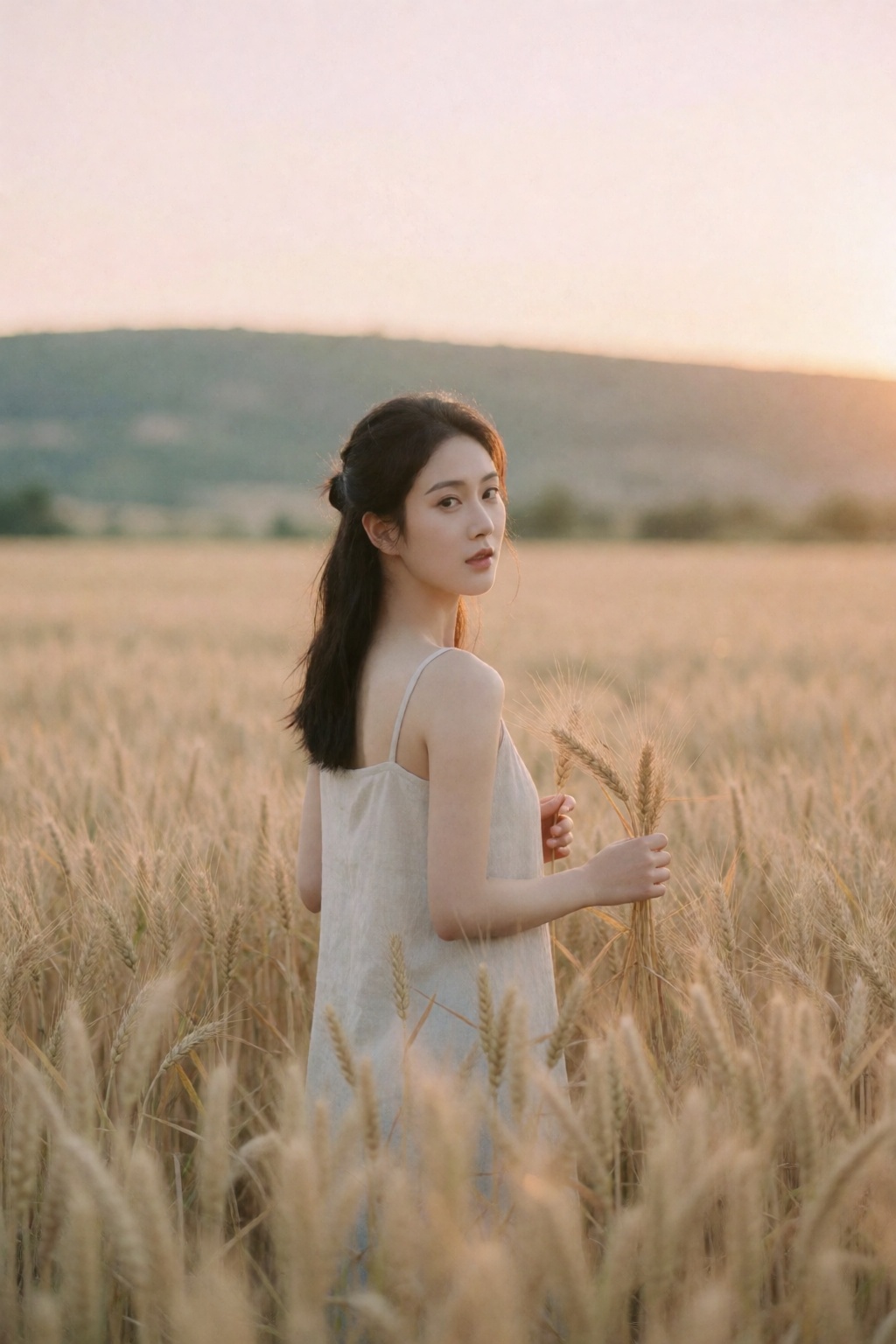 东亚女生人像摄影,  治愈系黄昏田园写真风格,  人物站成熟浅金色麦田中央 by 星光花园 on Tensor.Art