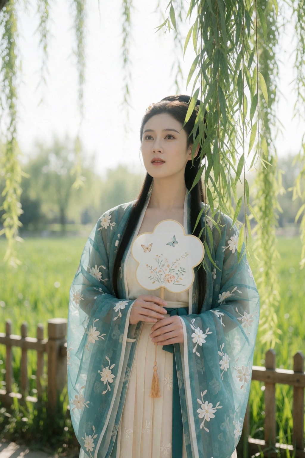 中国女孩小美,  In a sunlit outdoor garden,  a young woman with long dark hair stands partially framed by the hanging green branc...