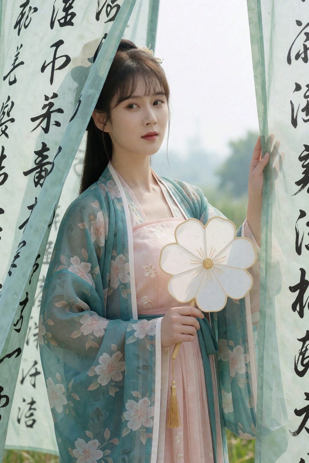 中国女孩小美,  In this medium-profile shot,  a young woman with dark brown hair and wispy bangs wears a layered hanfu ensemble b...