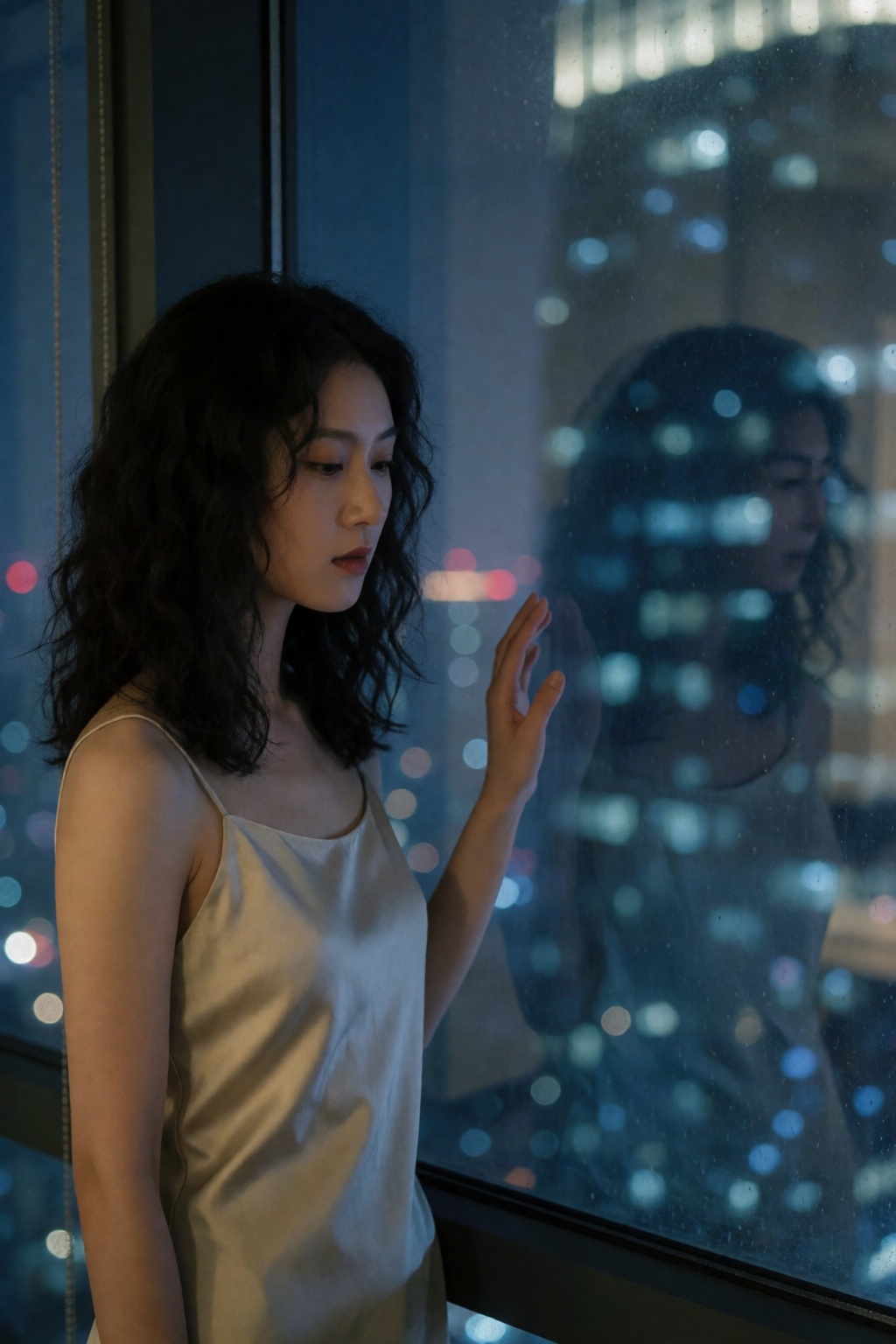 东亚女生人像摄影,  都市电影感情绪写真风格,  人物站高层落地玻璃窗前 by 星光花园 on Tensor.Art