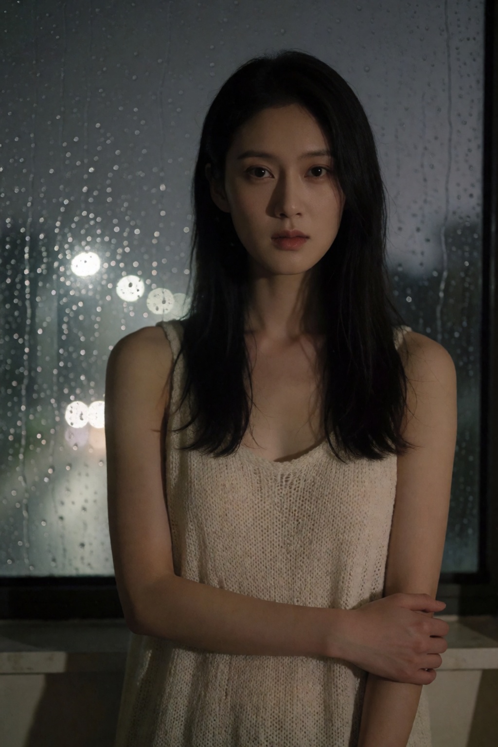 东亚女生人像摄影,  忧郁电影感居家写真风格,  人物站居家落地窗内侧 by 星光花园 on Tensor.Art