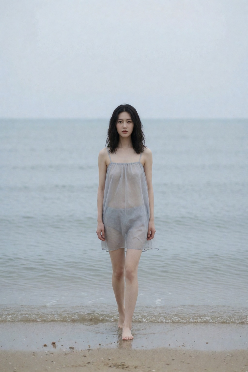 东亚女生人像摄影,  冷淡风海边纪实写真风格,  人物走阴天浅滩沙滩 by 星光花园 on Tensor.Art