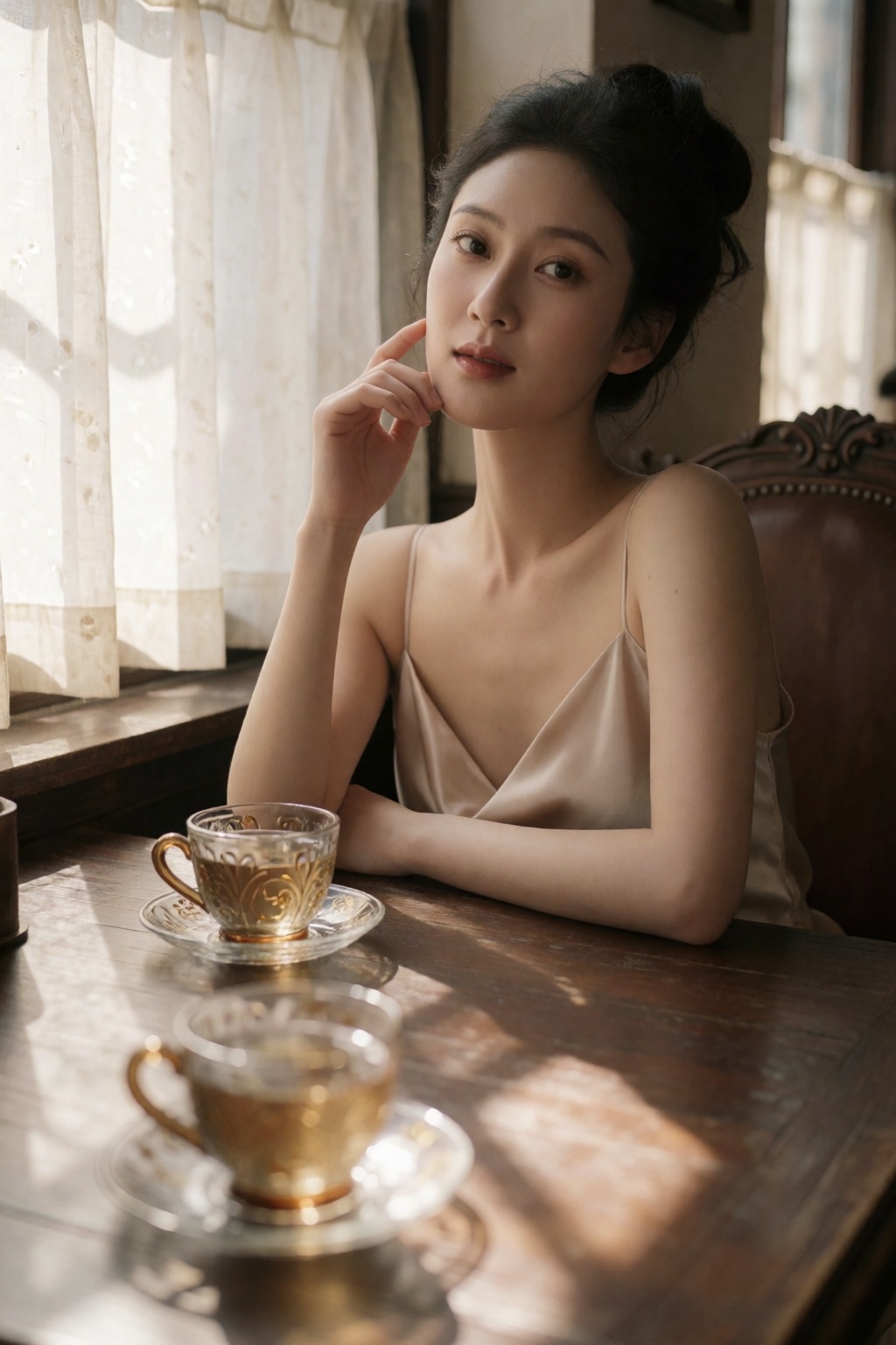 东亚女生人像摄影,  法式复古胶片人像风格,  人物坐在复古棕色咖啡馆靠窗卡座 by 星光花园 on Tensor.Art