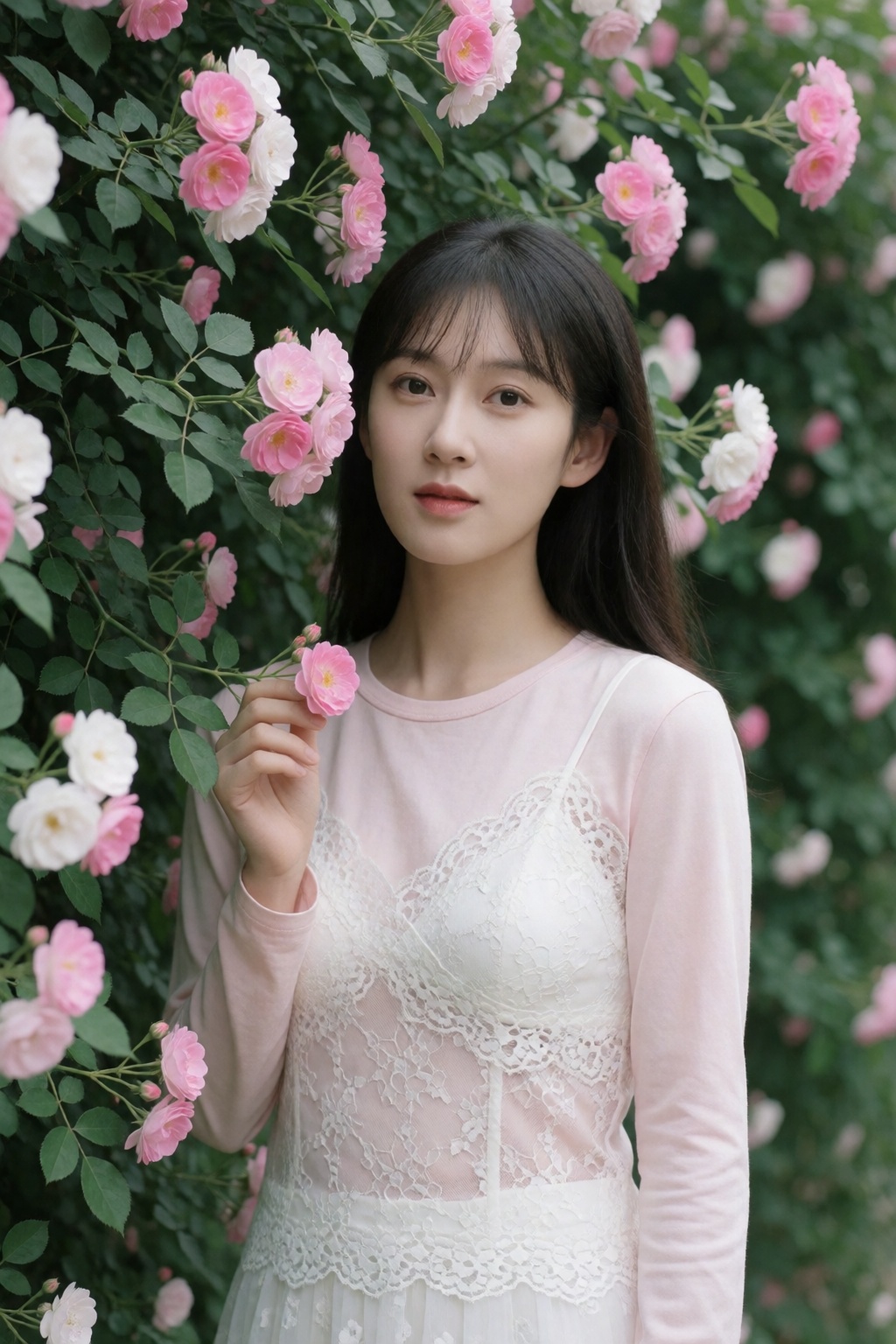 中国女孩小美,  A medium shot captures a young Asian woman with long,  dark hair and soft bangs standing amidst a lush bush of pi...