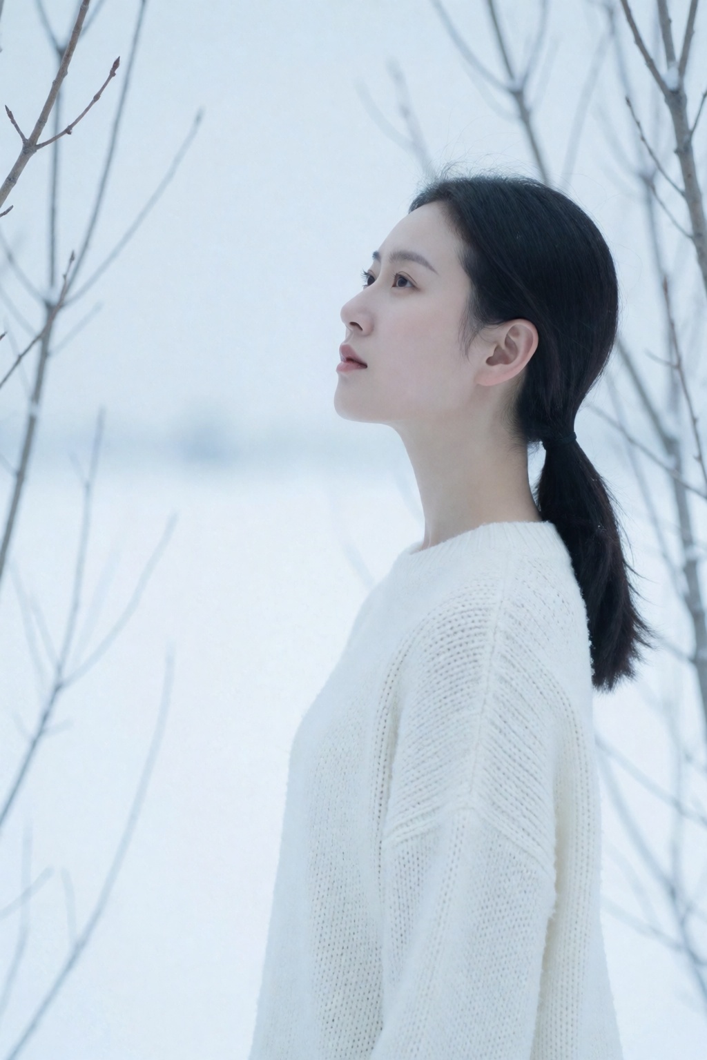东亚女生人像摄影,  冬日极简清冷户外写真风格,  人物站平整纯白薄雪地面 by 星光花园 on Tensor.Art