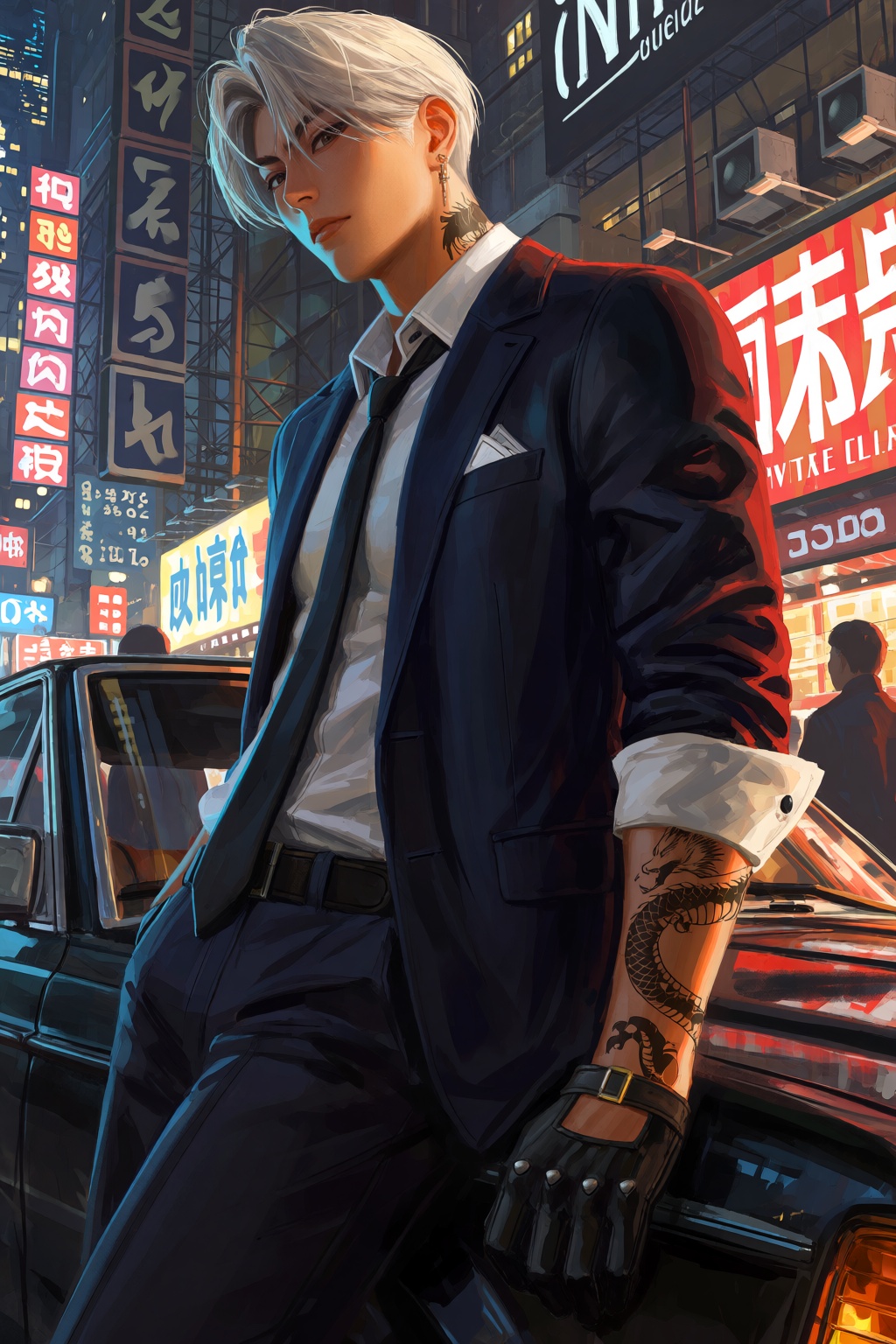 @guweiz,  A dramatic street scene features a young male enforcer leaning against a black car outside a late-night club dis...