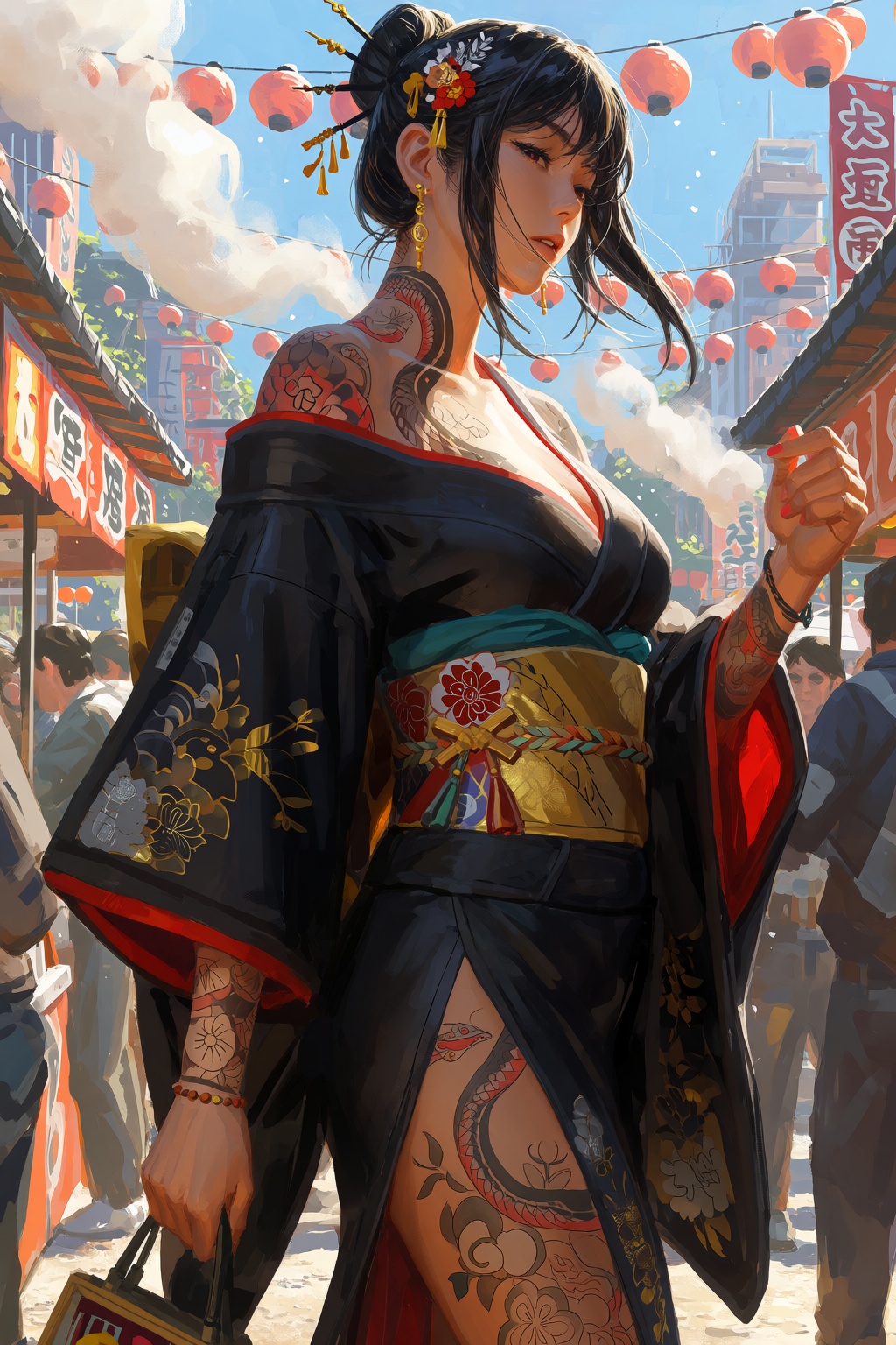 @guweiz,  A stylish digital painting shows a tattooed woman walking through a crowded festival street,  wearing a black ki...