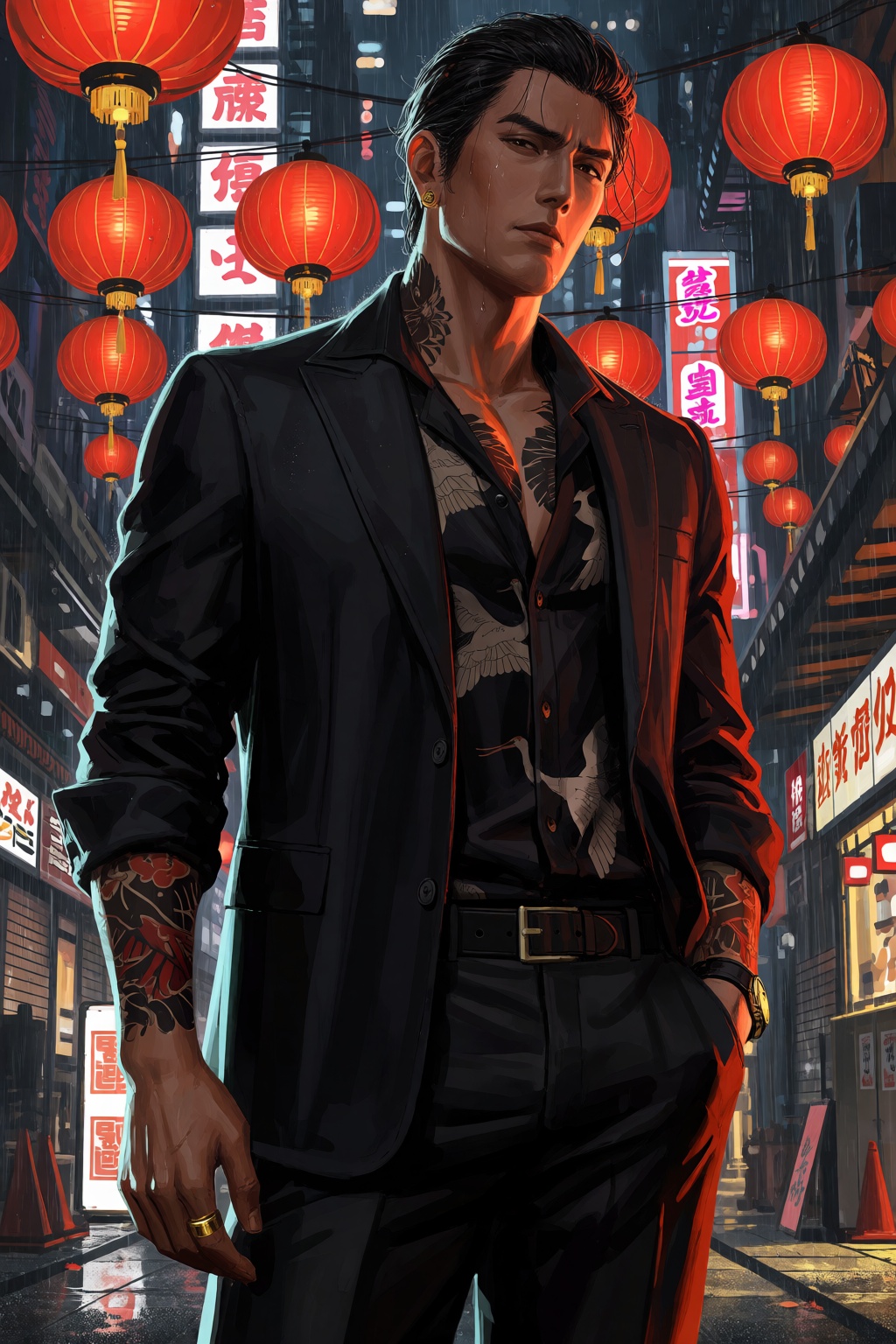 @guweiz,  A cinematic digital illustration shows a sharply dressed yakuza boss standing beneath glowing red lanterns in a...