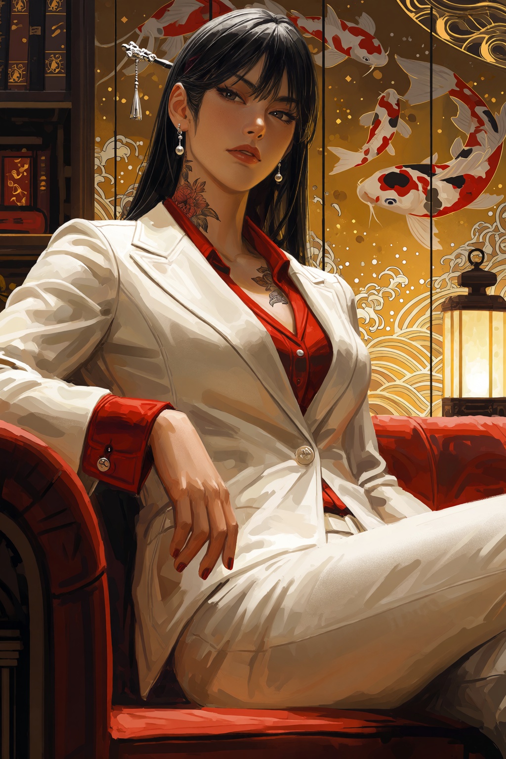 @guweiz,  A striking portrait depicts a confident female clan leader seated in a luxurious private room with lacquered woo...