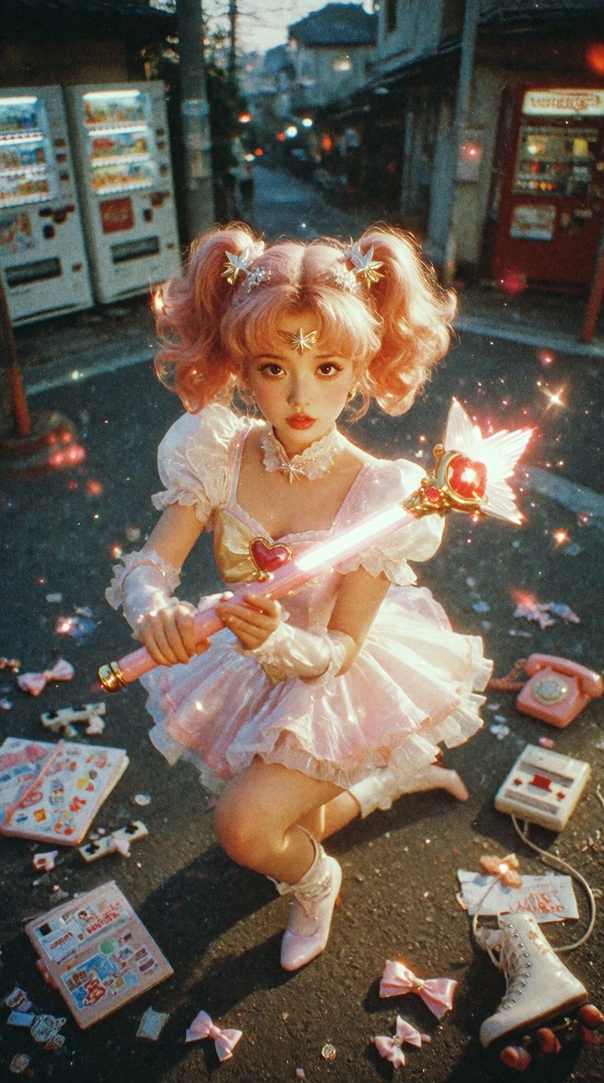 Shot from a soaring bird's-eye view directly above,  a striking,  attractive petite Japanese cosplayer styled after a clas...
