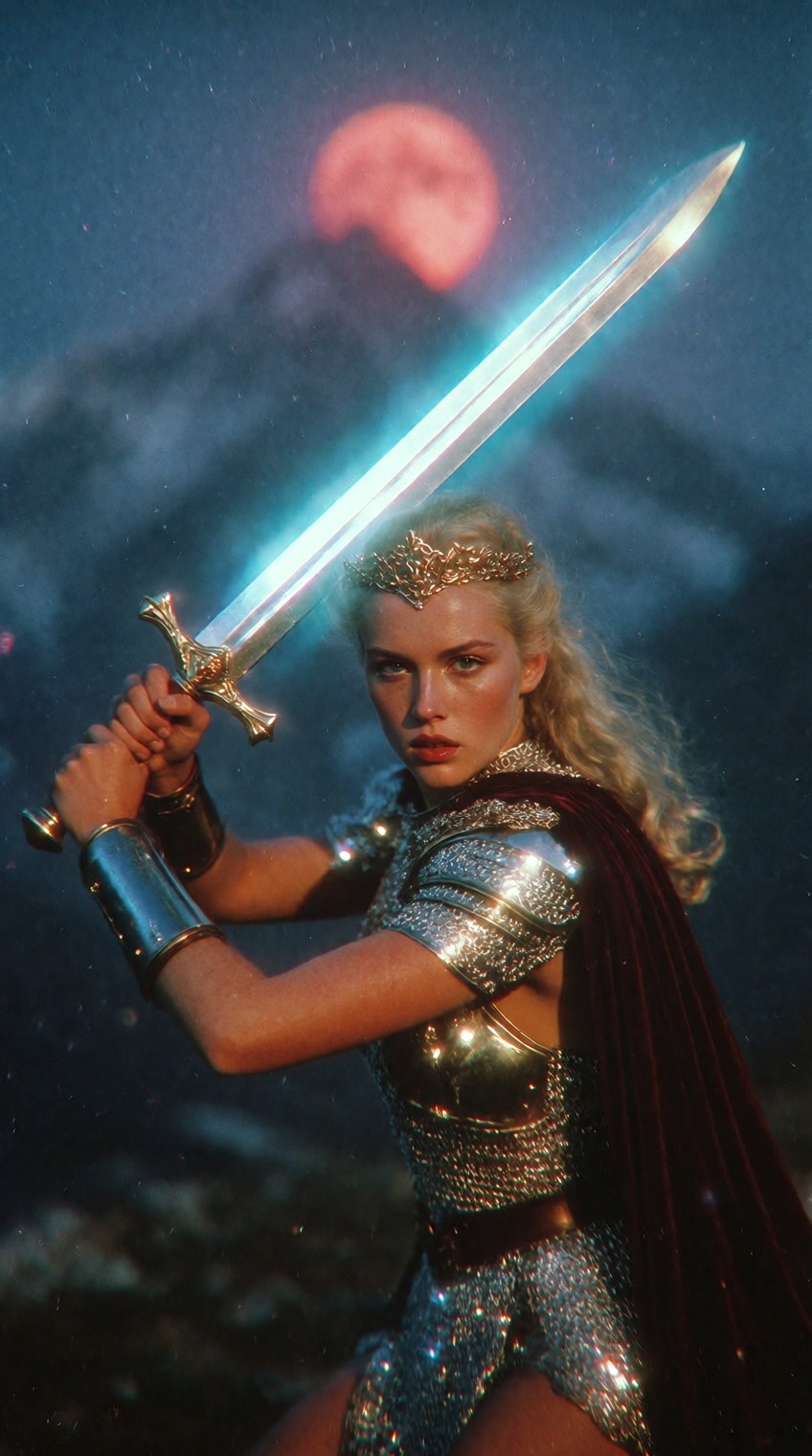 A fantasy warrior woman holds a glowing silver broadsword with both hands,  its blade radiating a soft neon-blue luminesce...