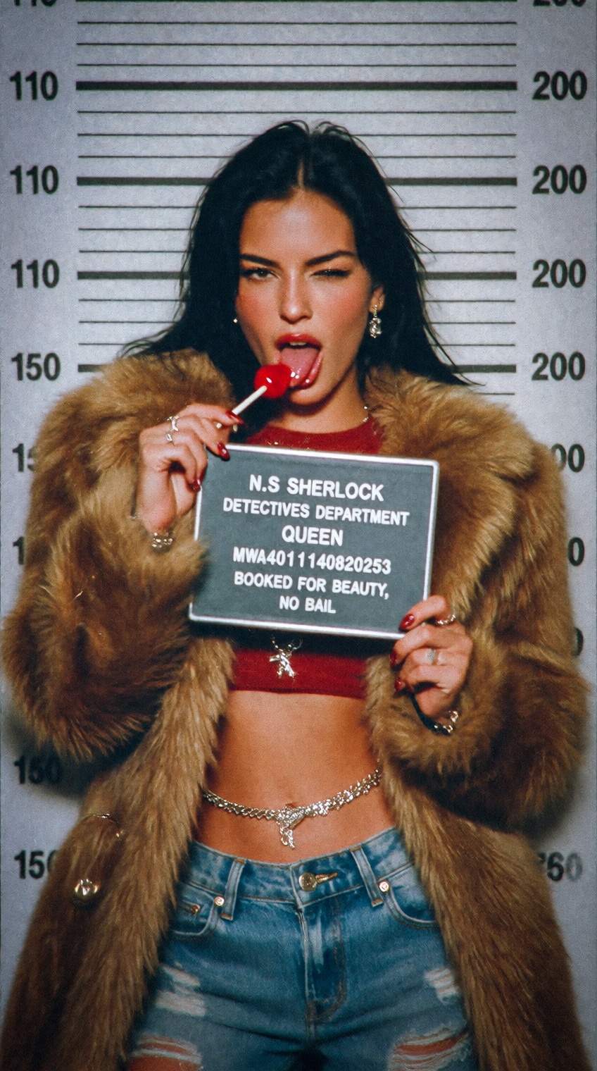 A studio-lit portrait of a woman with long black hair posing for a playful mugshot in front of a white police lineup backg...