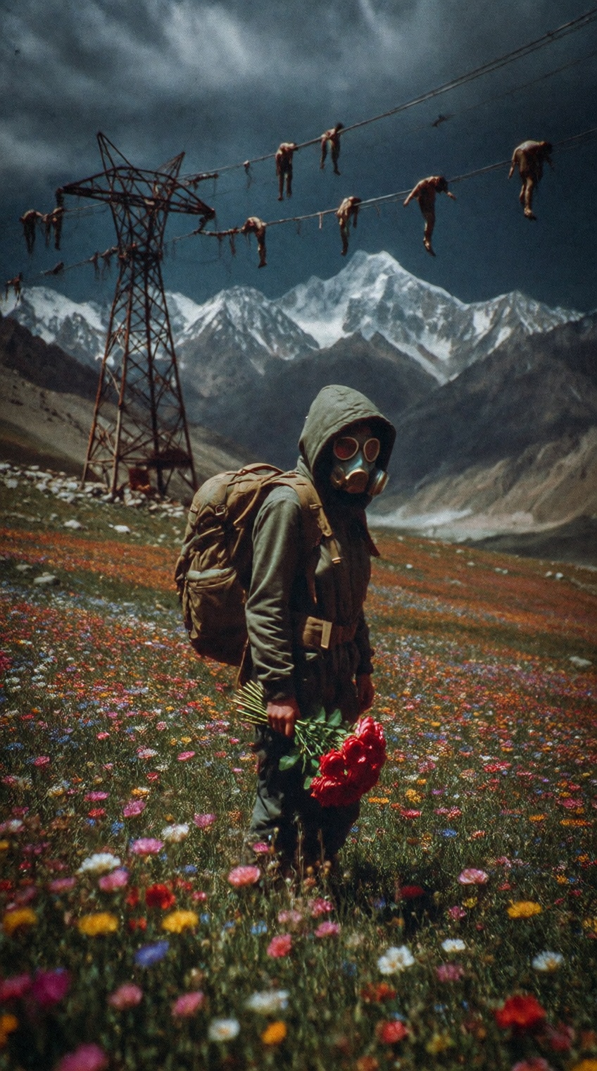 close up of a lone woman stands in the middle of a vibrant,  multicolored flower field spread across a high-altitude plate...