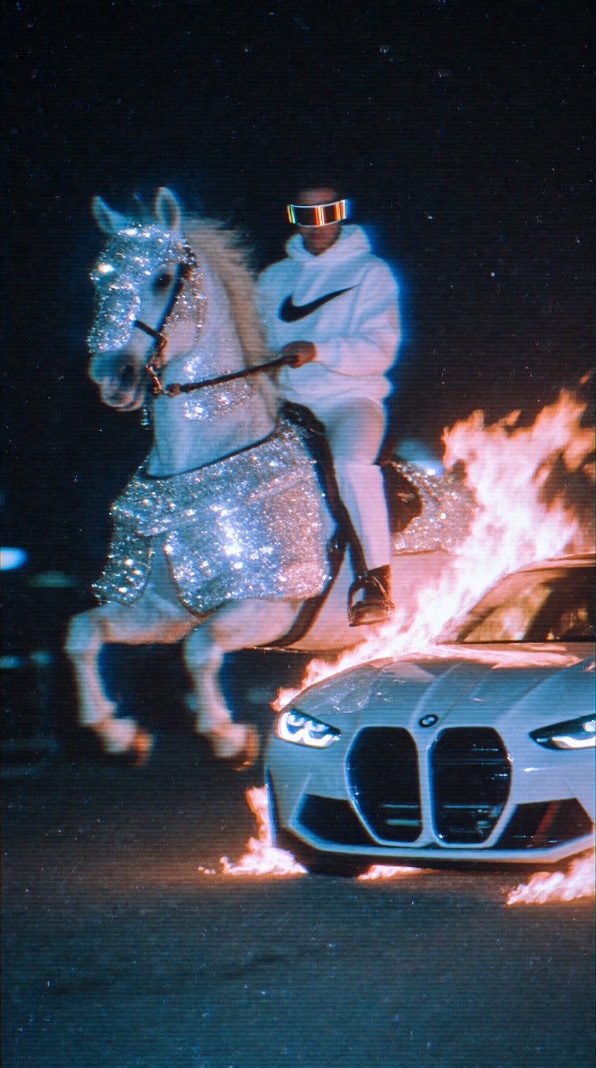 A low-fidelity,  analog-style night-time video screenshot with a strong cyber Y2K aesthetic. In the center,  a person wear...