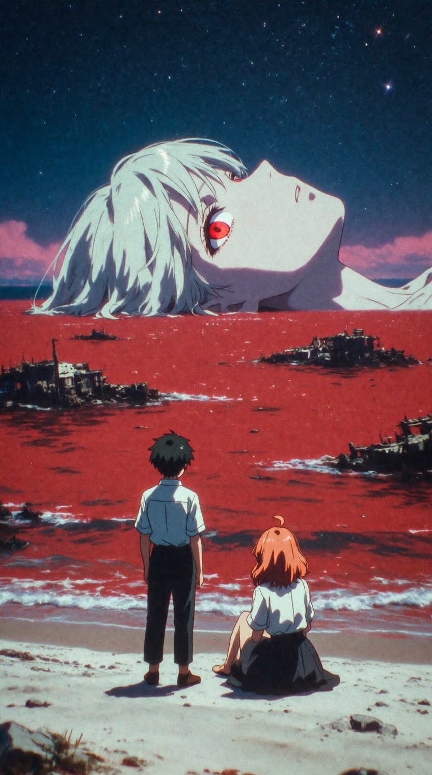 Two anime figures—a boy standing and a girl with orange hair sitting—are viewed from behind on a pale shoreline. They gaze...