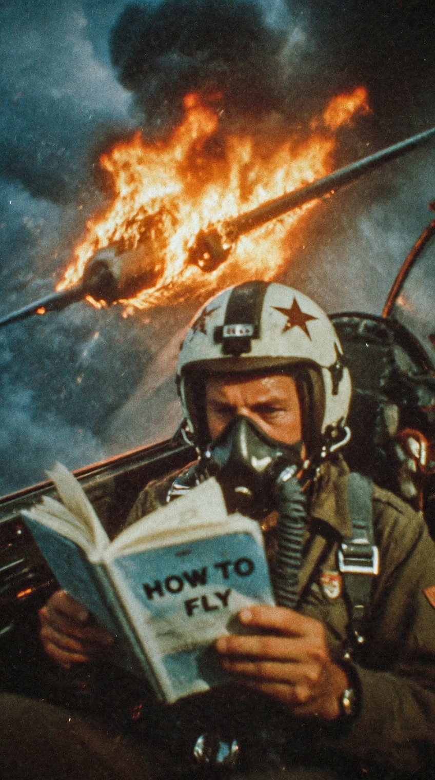A dramatic interior cockpit view of a panicked pilot wearing a vintage white flight helmet with star decals and a dark oxy...
