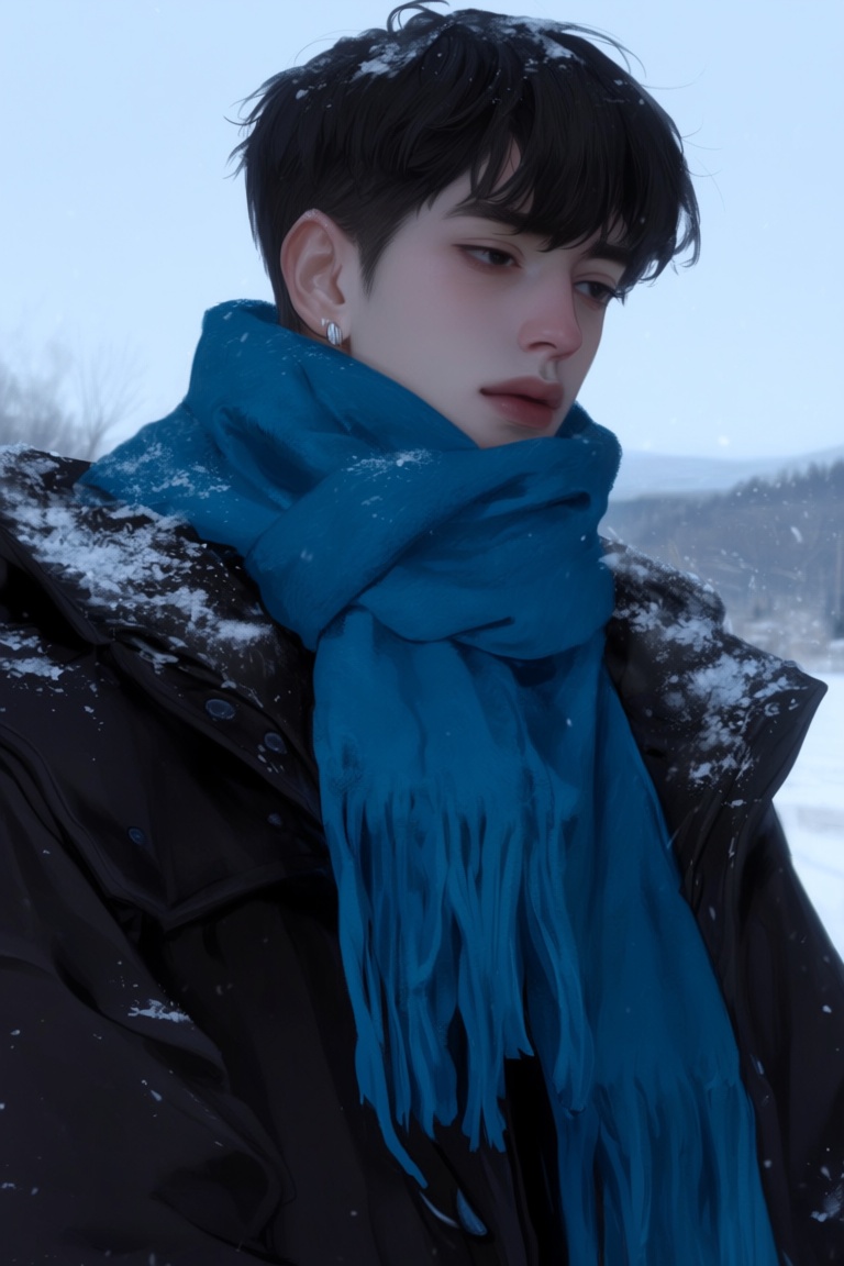The image shows a person wearing a blue scarf and a dark coat,  with snowflakes visible on the scarf and coat. The person...