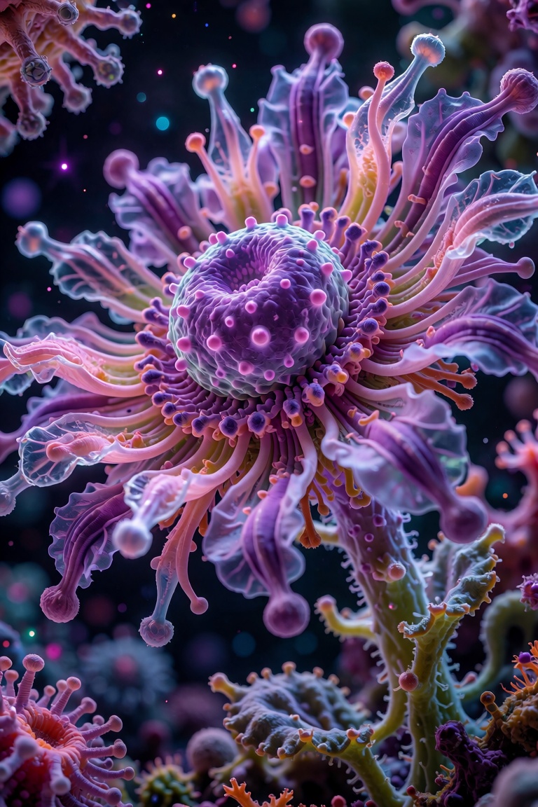 The image depicts a close-up of a vibrant,  otherworldly flower with a central spherical structure that appears to be a ce...