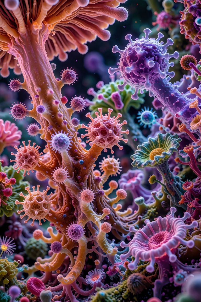 The image depicts a highly detailed and colorful scene that appears to be a microscopic view of a biological environment....