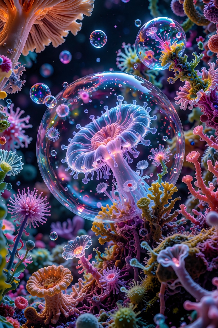 The image depicts a surreal,  vibrant scene filled with various fantastical elements. At the center,  there is a large on...