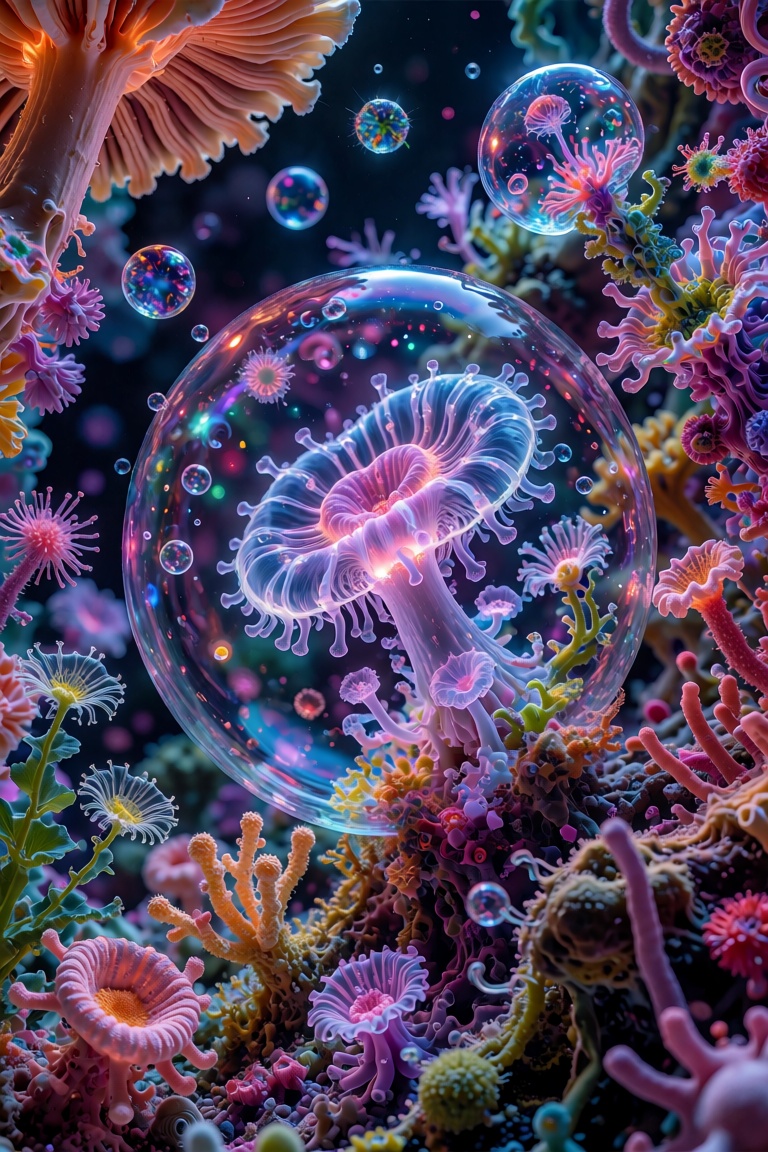 The image depicts a surreal,  vibrant scene filled with various fantastical elements. At the center,  there is a large on...