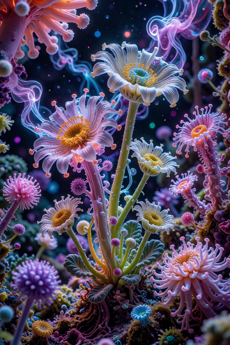The image depicts a surreal,  otherworldly scene filled with glowing,  luminescent plants. The central focus is on a clust...