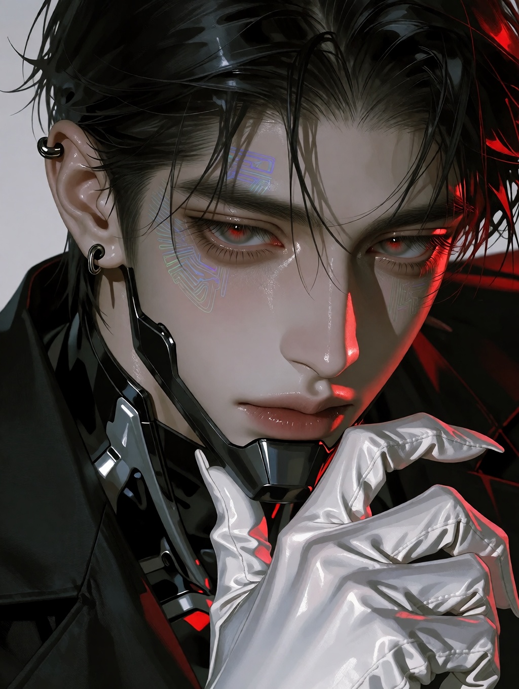 A solitary figure,  a male cyborg with perfectly formed anatomy and a strong sense of presence,  stands in the center of t...