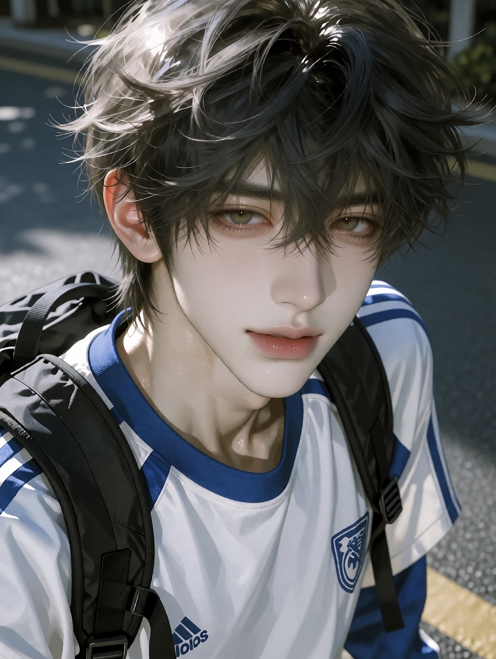 This is a highly detailed,  digital anime-style portrait of a young male with a light skin tone and soft,  slightly wavy o...