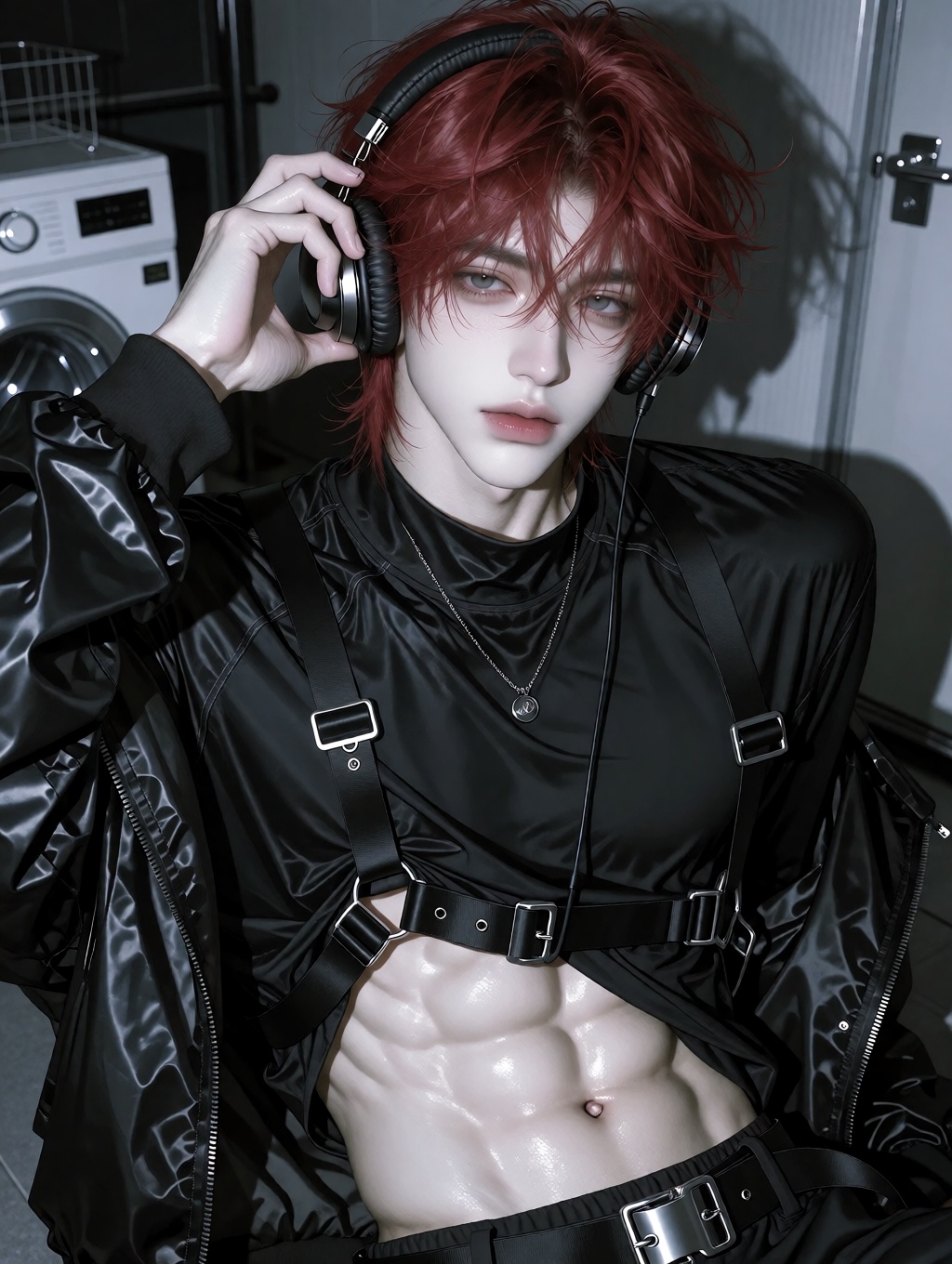 This is a digital artwork of a young,  pale-skinned male with striking red,  tousled hair. He is wearing black on Tensor.Art