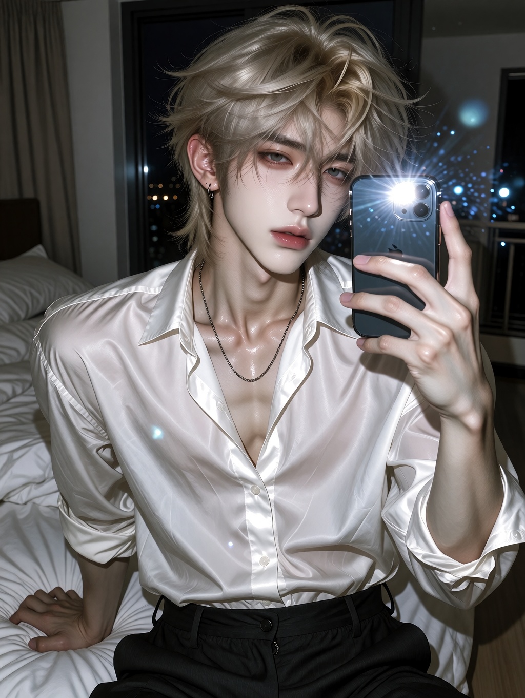 A highly detailed photorealistic portrait of a stunningly handsome young man in his early 20s with delicate East Asian fea...
